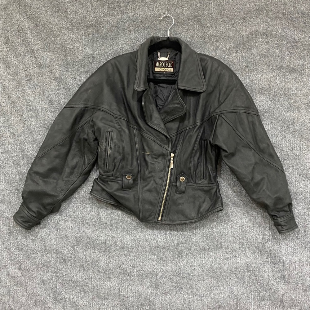 Marco Polo LOOKS Vintage Black Leather Moto Jacket Cropped Biker L